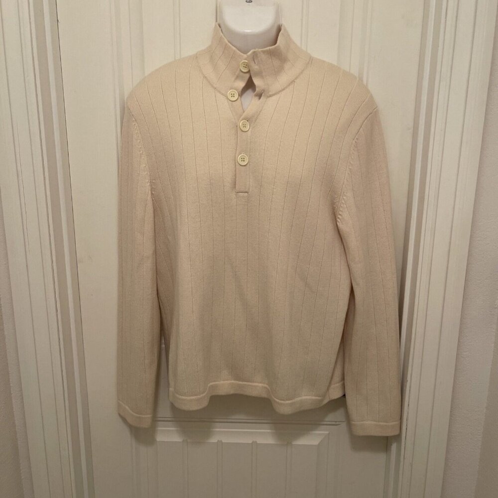 Banana Republic 1/4 Button Mock Neck Sweater Mens L Italian Yarn Merino Wool Tan